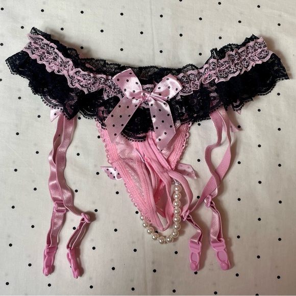 👛 NWT - S/M - Panties Porte-jarretelle pink dot underwear open crotch ling… - Picture 5 of 7
